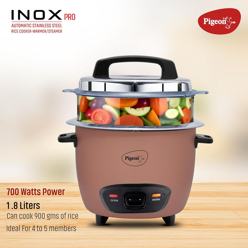 Pigeon Inox Pro Rice Cooker with Steamer, 1.8 litres | Stainless Steel Lid | 700 Watts | 1 Steel Cooking Pot | Measuring Cup | Spatula | Energy Efficient Cooking (Pink)