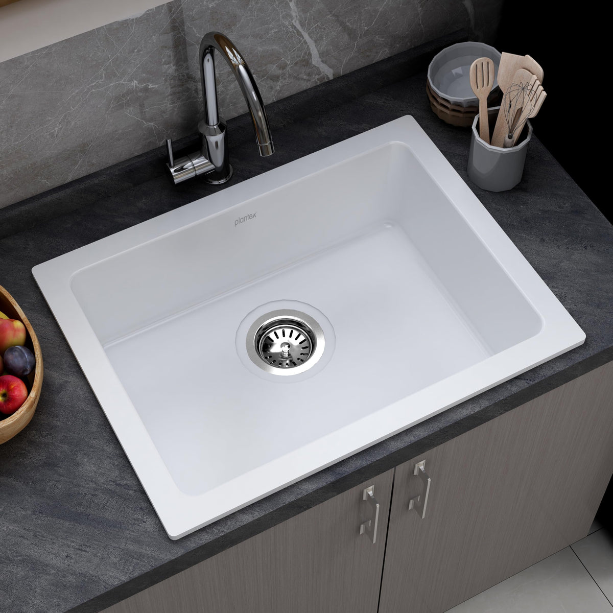Plantex Quartz Acrylic Kitchen Sink/Undermount Sink for Kitchen with 10 Years Warranty by Plantex/Granite Single Bowl Kitchen Sinks with Coupling (Whiti-24x18 Inches)-1