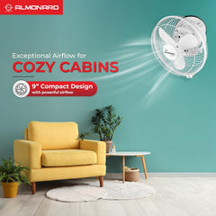 Almonard 225mm High Speed Cabin Fan, High Velocity Blades, Single Speed Setting, Cabin Fan for Office, Retail Kiosks, Available in White