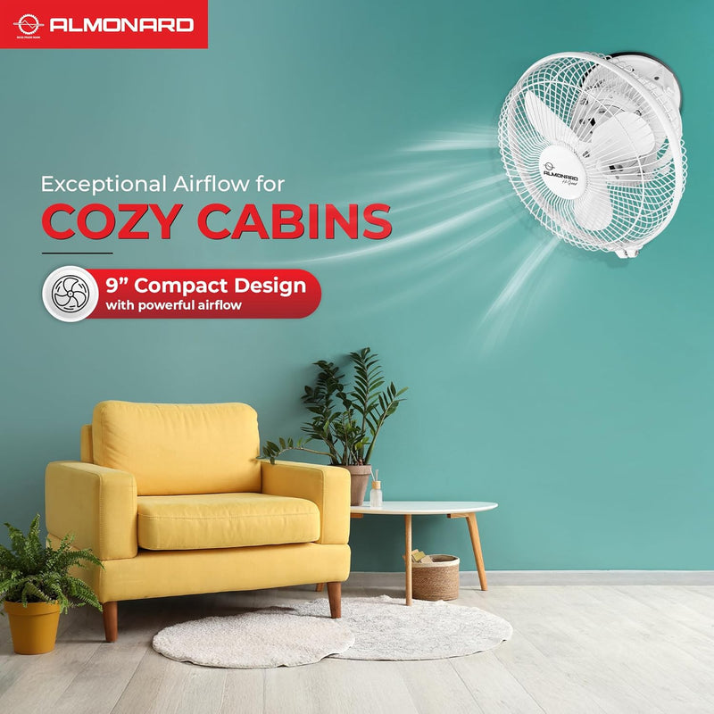 Almonard 225mm High Speed Cabin Fan, High Velocity Blades, Single Speed Setting, Cabin Fan for Office, Retail Kiosks, Available in White