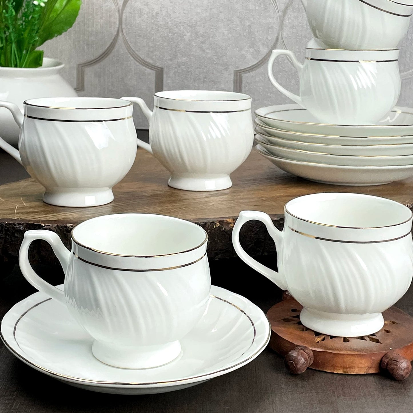 Clay Craft Fine Ceramic 22k Gold Line Cup & Saucer Set of 12 (6 Cups + 6 Saucers) - 180 ml Each (Cup Diamond)