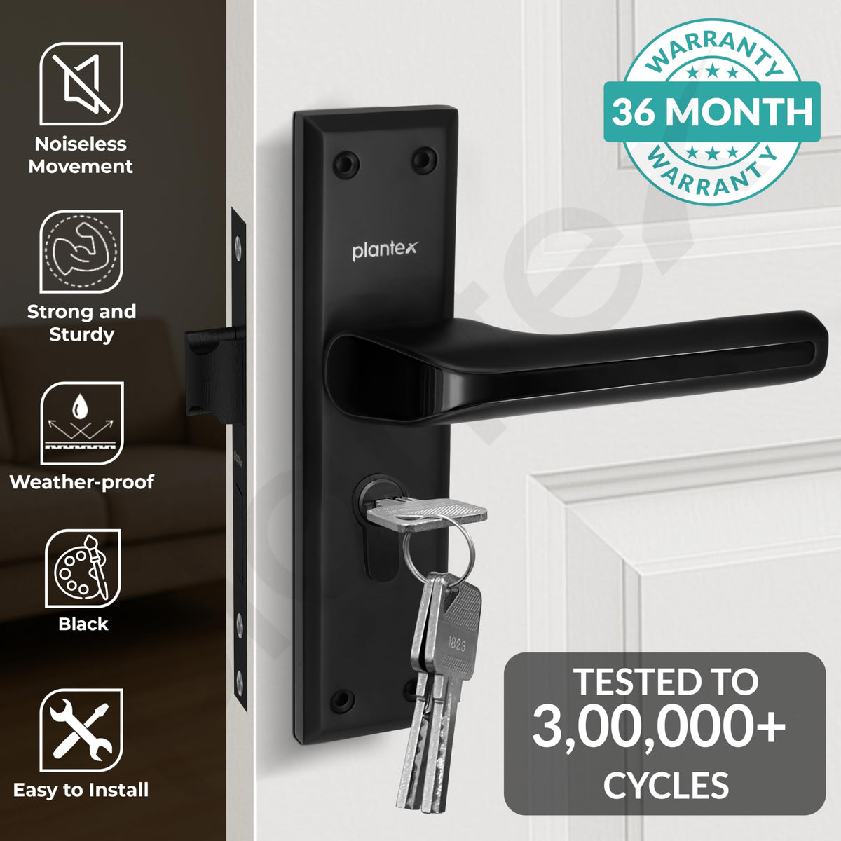 Plantex Heavy-Duty Door Lock Set - Main Door Lock Plate Handle Set/6-Lever Mechanism Mortise Locks with 3 Keys/Brass Locks Body & Cylinder (PTP-012- Black)-2