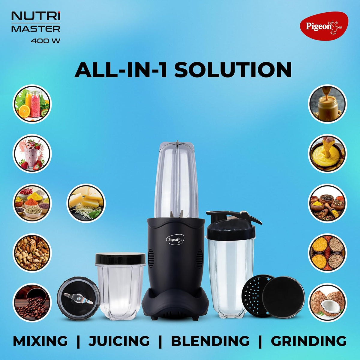 Pigeon by Stovekraft Nutri Master | Mixer Grinder Juicer Blender Smoothie Maker All-in-1 Machine | 400 Watt | 3 Jars |1Y
