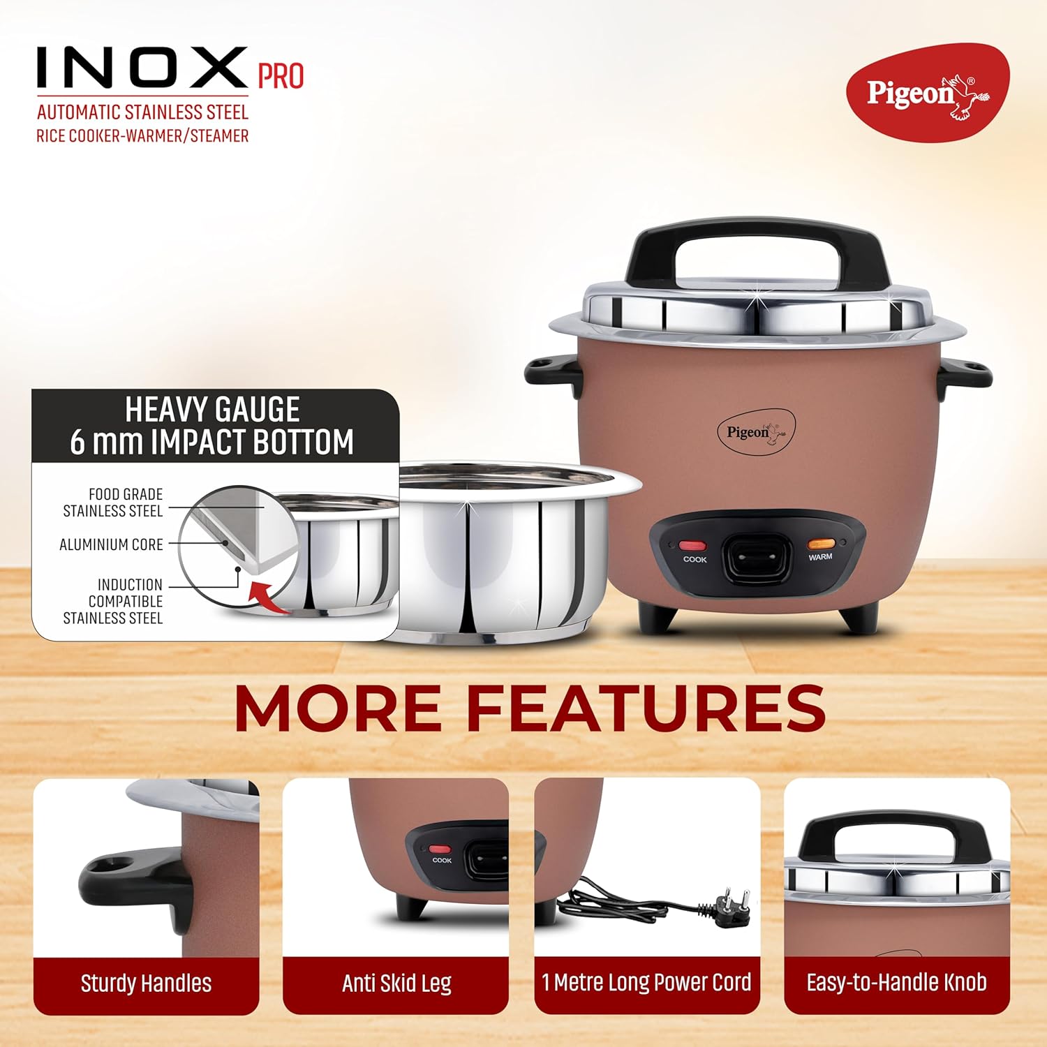 Pigeon Inox Pro Rice Cooker with Steamer, 1.8 litres | Stainless Steel Lid | 700 Watts | 1 Steel Cooking Pot | Measuring Cup | Spatula | Energy Efficient Cooking (Pink)