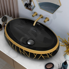 Plantex Black Wash Basin for Bathroom/Table Top Ceramic Basin/Oval Hand Wash Sink for Home/Hotel (23.5x16x6 Inch - Black&Gold)-6