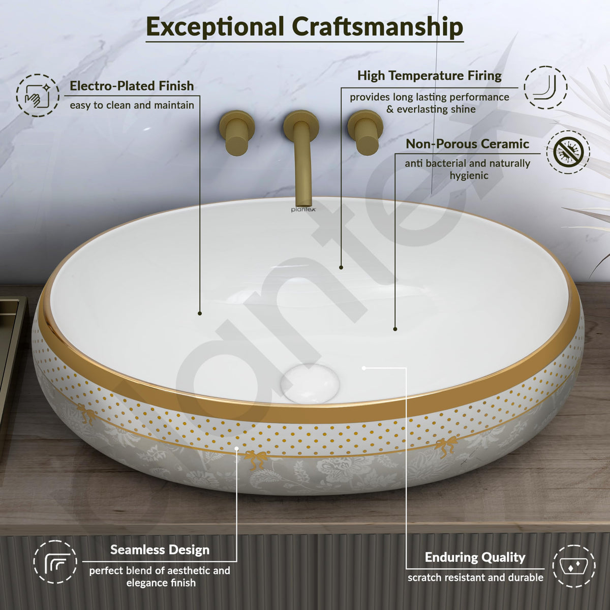 Plantex Tabletop Wash Basin for Bathroom/Designer Ceramic Basin/Countertop Vessel Sink Basin for Home/Hotel - (16016, White & Gold)-4