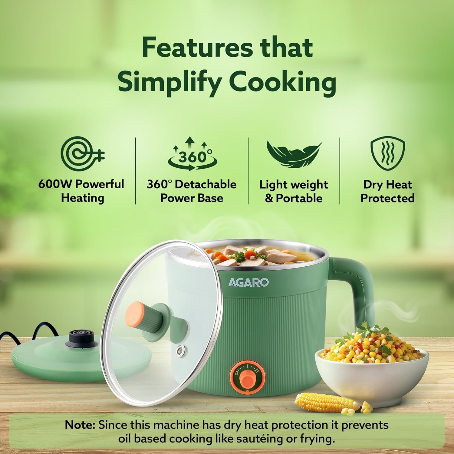 AGARO Regency Multi Cook Kettle With Steamer, 1.2L Inner Pot, Double Layered Body, Variable Temperature Settings, Wide Mouth, Boiling, Steaming, Tea, Coffee, Egg, Vegetable Boiling, 600W, Sea Green