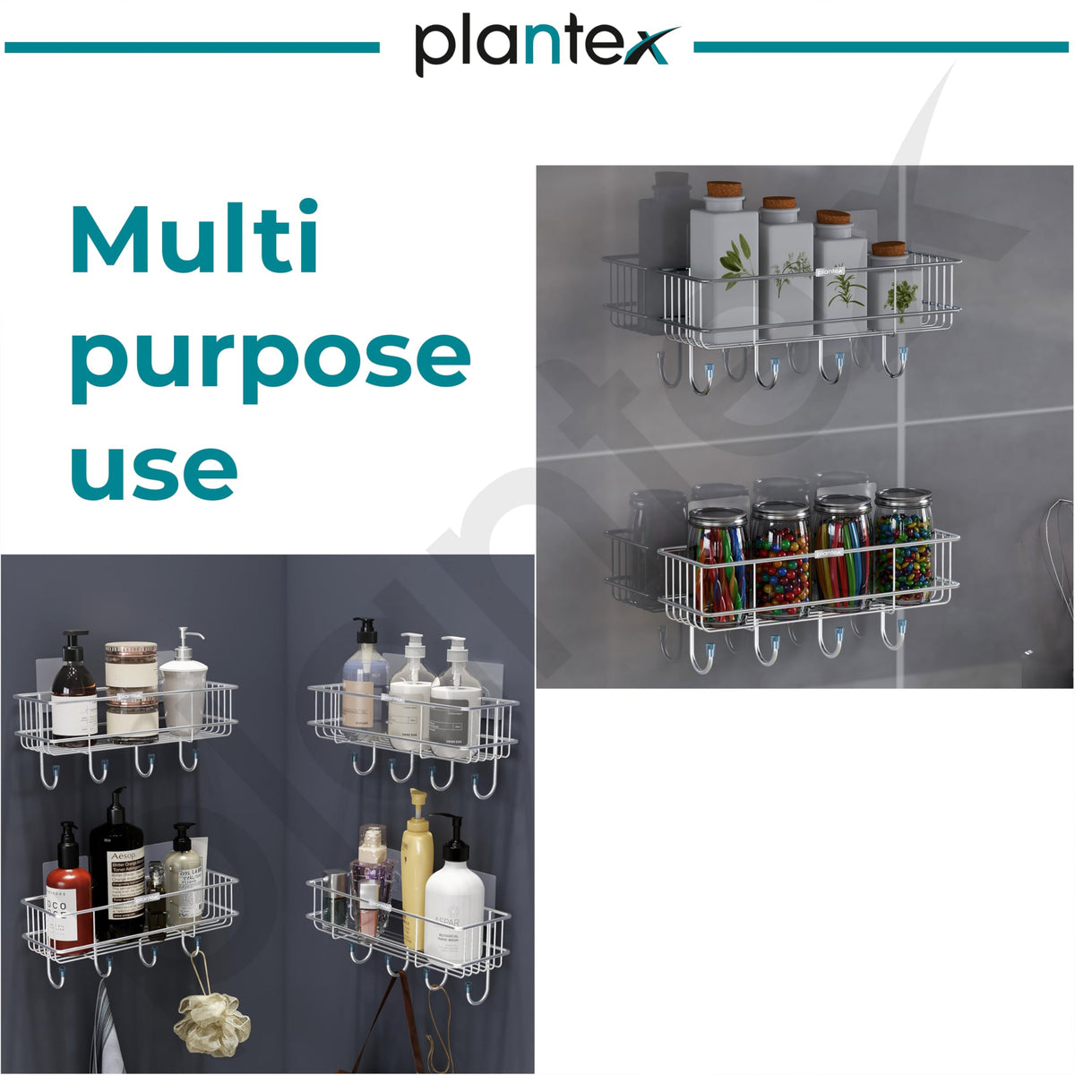 Plantex Stainless Steel Self-Adhesive Multipurpose Bathroom Shelf with Hooks/Towel Holder/Rack/Bathroom Accessories-Wall Mount - Pack of 4 (Chrome)-5