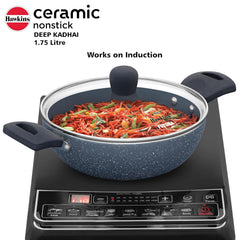 Hawkins Ceramic Nonstick 1.75 Litre Deep Kadhai, Induction Deep Fry Pan with Glass Lid, Granite Kadai (ICK175G)
