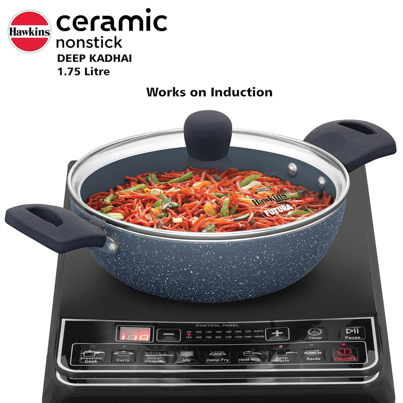 Hawkins Ceramic Nonstick 1.75 Litre Deep Kadhai, Induction Deep Fry Pan with Glass Lid, Granite Kadai (ICK175G)