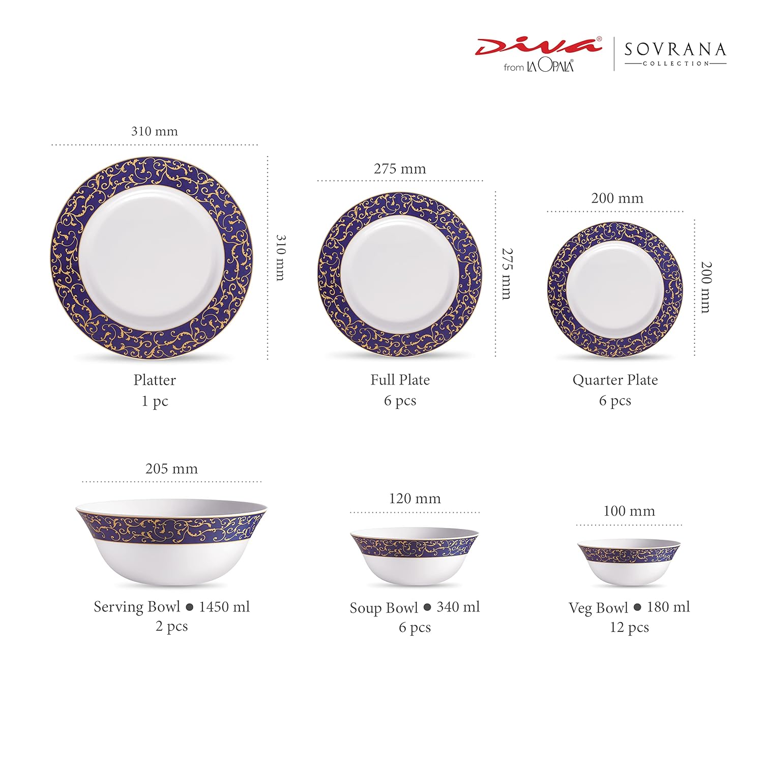 La Opala Diva Sovrana Collection Opal Glass Crockery | For Family of 6 | Dinner Set 33 pcs Anassa Blue | Plates & Bowls for Dining | Microwave Safe | 100% Vegetarian | Extra Strong | Light & White