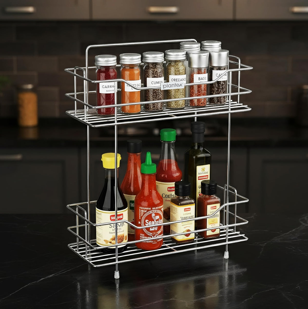 Plantex Wall Mounted Kitchen Organizer Rack/2 Tier Spice Rack for Kitchen/Hanging Shelves/Spice Organizer Storage Stand -(Chrome, 2 Tier)