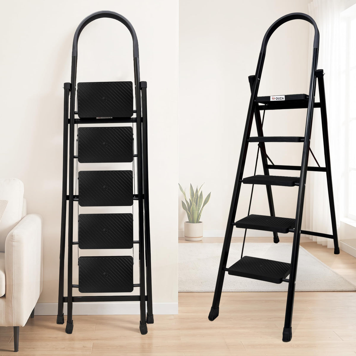 HOUZA Steel Ladder for Home 3 Steps Foldable with Anti-Skid Wide Steps (30cm x 20cm) | 3 Step Ladder for Home Use with D-Shape Rods | Secure Lock | 150 Kg Capacity Folding Ladder | 5 Year Warranty