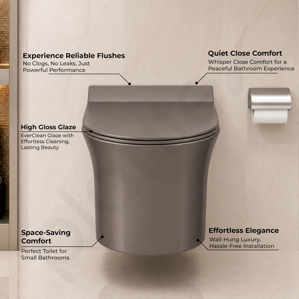 Plantex Platinum Ceramic Rimless Wall Hanging Commode/Western Toilet/Washdown Flush for Bathroom/Commode with Soft Toilet Seat Cover - P Trap (Choco)