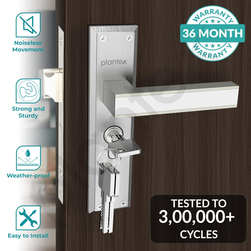 Plantex Heavy-Duty Door Lock Set - Main Door Lock Handle Set/ 6-Lever Lock Mechanism with 3 Years of Warranty/Mortise Lock with 3 Keys, Brass Lock Body & Cylinder(8081 - Chrome & Matt)-2