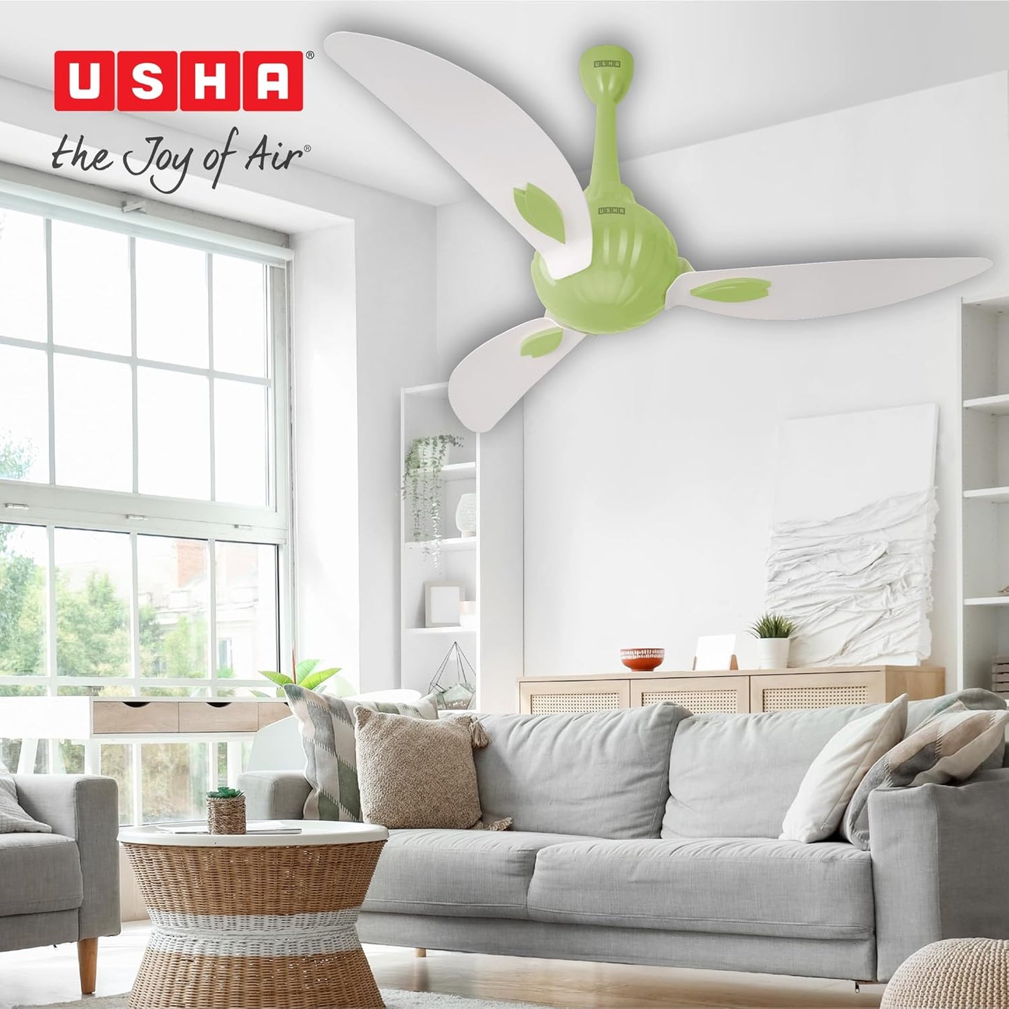 USHA New Bloom Series Helenium (Inspired by Helenium) BLDC Ceiling Fan with Bi-Directional Feature | Sleep/Boost/Timer Modes | RF Remote | Whisper-Quiet | Dust-Resistant (White & Light Green)
