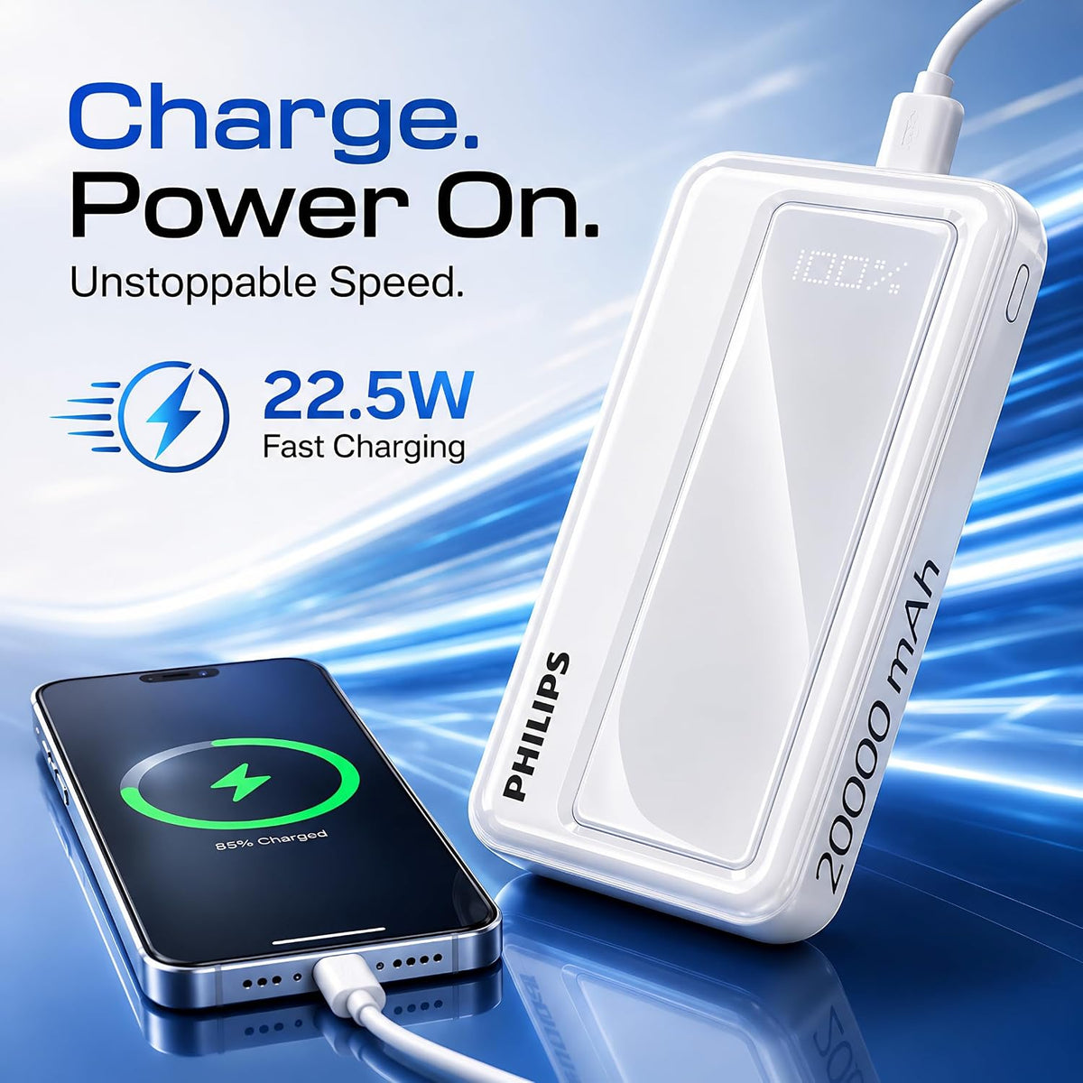 Philips 20000mAh 22.5W Fast Charging Power Bank (Alba White) with Digital LED Display