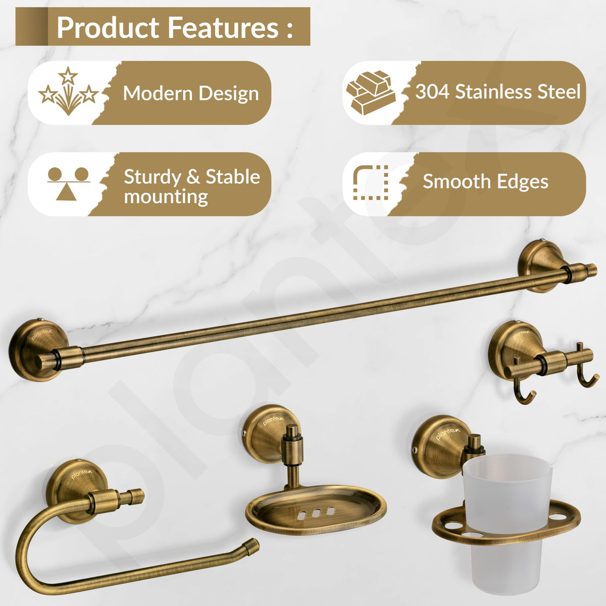 Plantex 304 Grade Stainless Steel Bathroom Accessories Set of 5 - Towel Rod/Hand Napkin Hanger for Wash Basin/Soap Case/Toothbrush Holder/Robe Hook - Niko (Brass Antique)-3