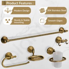 Plantex 304 Grade Stainless Steel Bathroom Accessories Set of 5 - Towel Rod/Hand Napkin Hanger for Wash Basin/Soap Case/Toothbrush Holder/Robe Hook - Niko (Brass Antique)-3