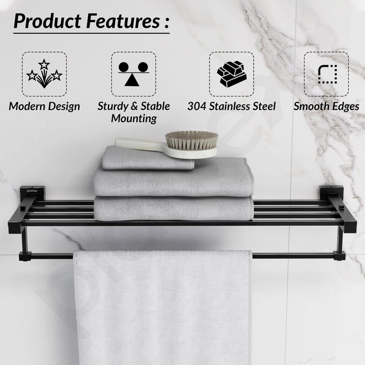 Plantex 304 Grade Stainless Steel 24 inch Towel Rack/Towel Hanger for Bathroom/Towel Rod/Towel Bar/Bathroom Accessories - Splash (Black)-2
