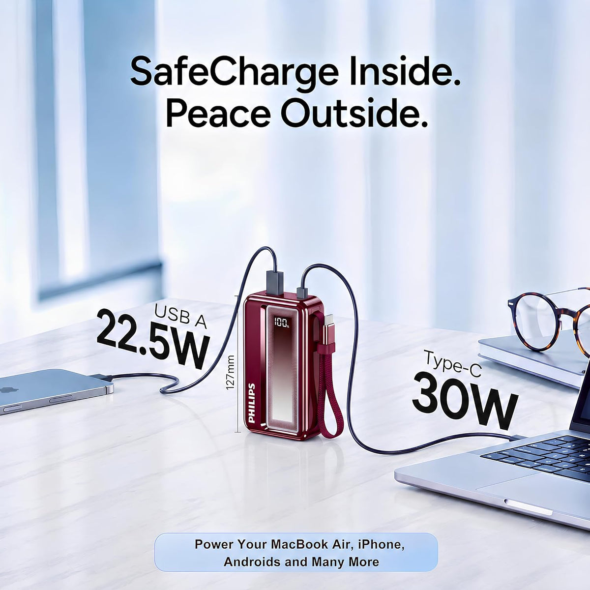 Philips 10000mAh 30W Max Fast Charging Power Bank (Iron Red) with Built-in Cable