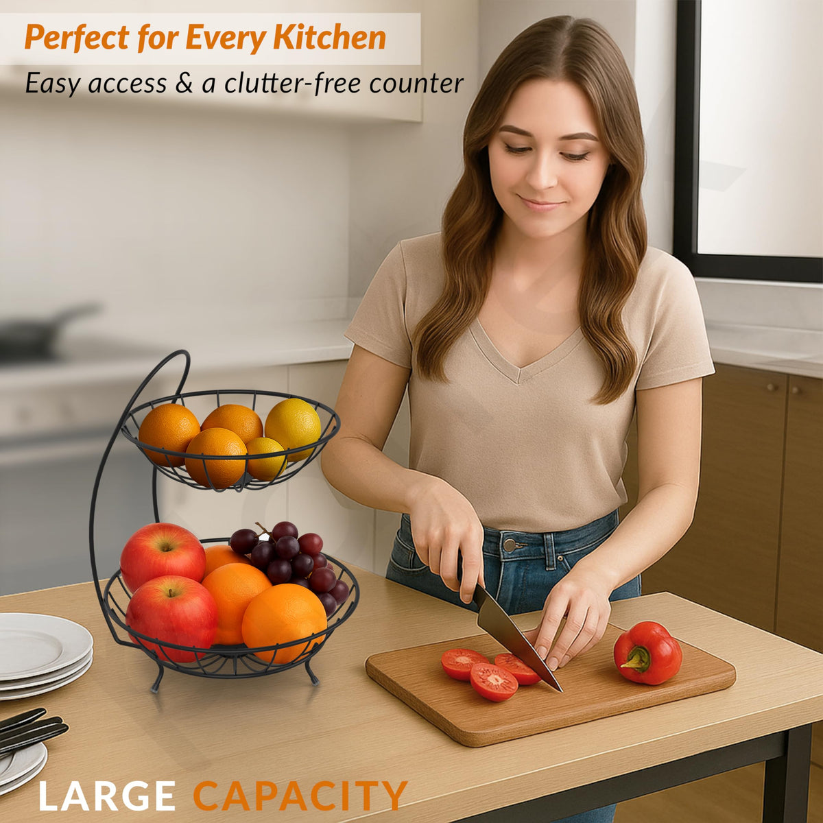 Plantex Fruit Basket for Dining Table/2-Tier Vegetable Basket Stand/Fruit Bowl/Vegetable and Fruit Stand for Kitchen Storage Black, (23 x 32 x 28 cm)-6
