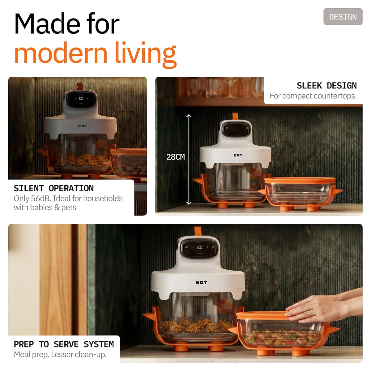 EDT Luma ZERO COATING PureGlass™ Air Fryer Oven | 4.5L + 2.5L Dual Bowl | NutriRetain™ | 6-in-1 Multi Function | 100% Toxin Free No Ceramic, PFAS, PTFE, PFOA | 1500W (Orange 4.5L + 2.5L)