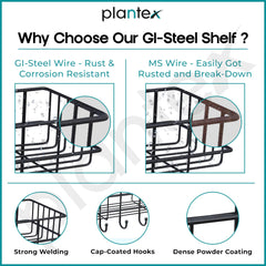 Plantex Multipurpose Bathroom Organiser Without Drill/GI Steel Self-Adhesive Shelf/Wall Mounted Shelf for Bathroom with Hooks- Pack of 2 (Black,Powder Coated)-6