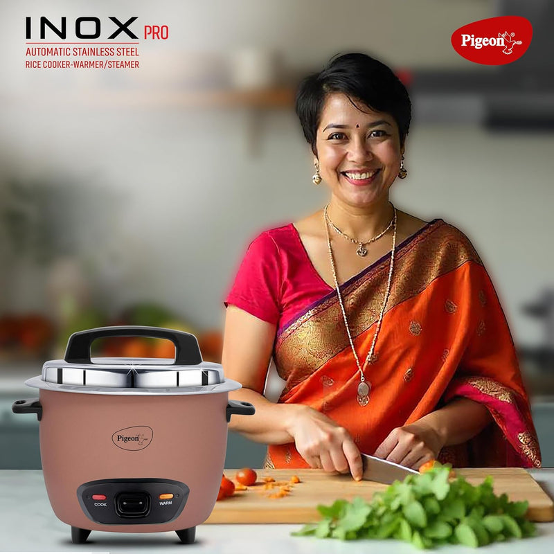 Pigeon Inox Pro Rice Cooker with Steamer, 1.8 litres | Stainless Steel Lid | 700 Watts | 1 Steel Cooking Pot | Measuring Cup | Spatula | Energy Efficient Cooking (Pink)