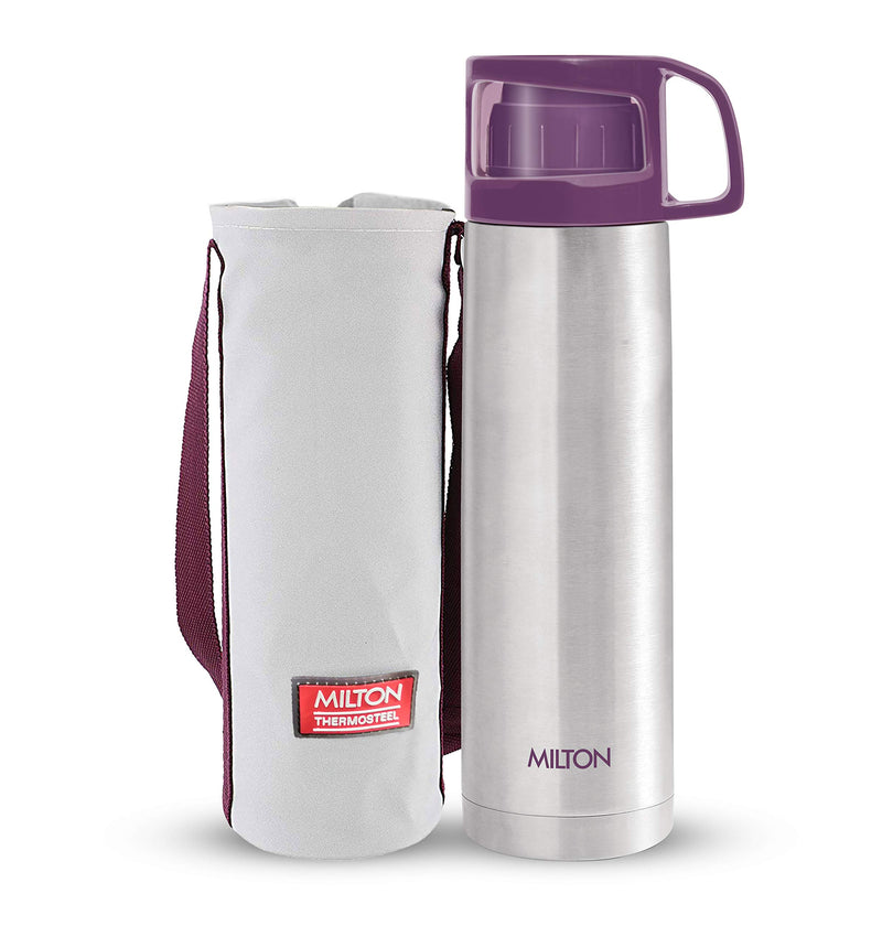 Milton Glassy 500 Thermosteel Vacuum Insulated Double Walled Flask with Drinking Cup lid & Jacket, 500 ml Water Bottles, 24 Hours Hot & Cold, Easy to Carry,Rust Proof, Tea, Coffee, Travel Bottle, Grey
