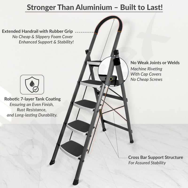 Plantex Steel 5 Step Ladder for Home/Wide Anti Skid 5 Step Ladder Foldable/5 Year Manufacturer Warranty By Plantex (Gray)-5