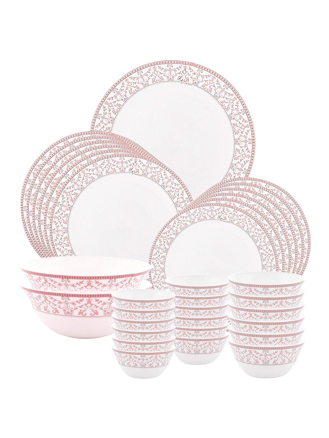 La Opala Glass Floral Dinner Set- Set of 33 Pcs, Pink