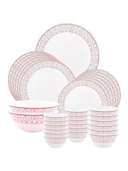 La Opala Glass Floral Dinner Set- Set of 33 Pcs, Pink