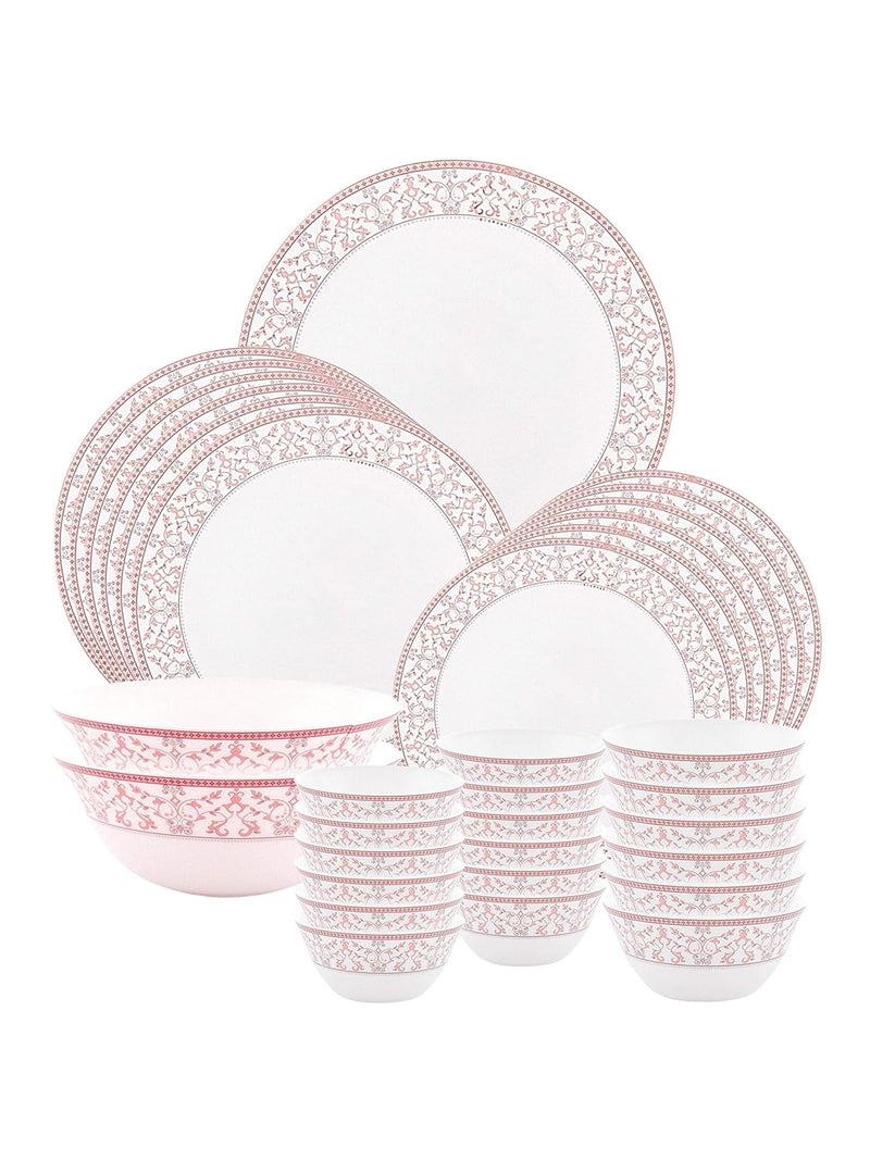 La Opala Glass Floral Dinner Set- Set of 33 Pcs, Pink