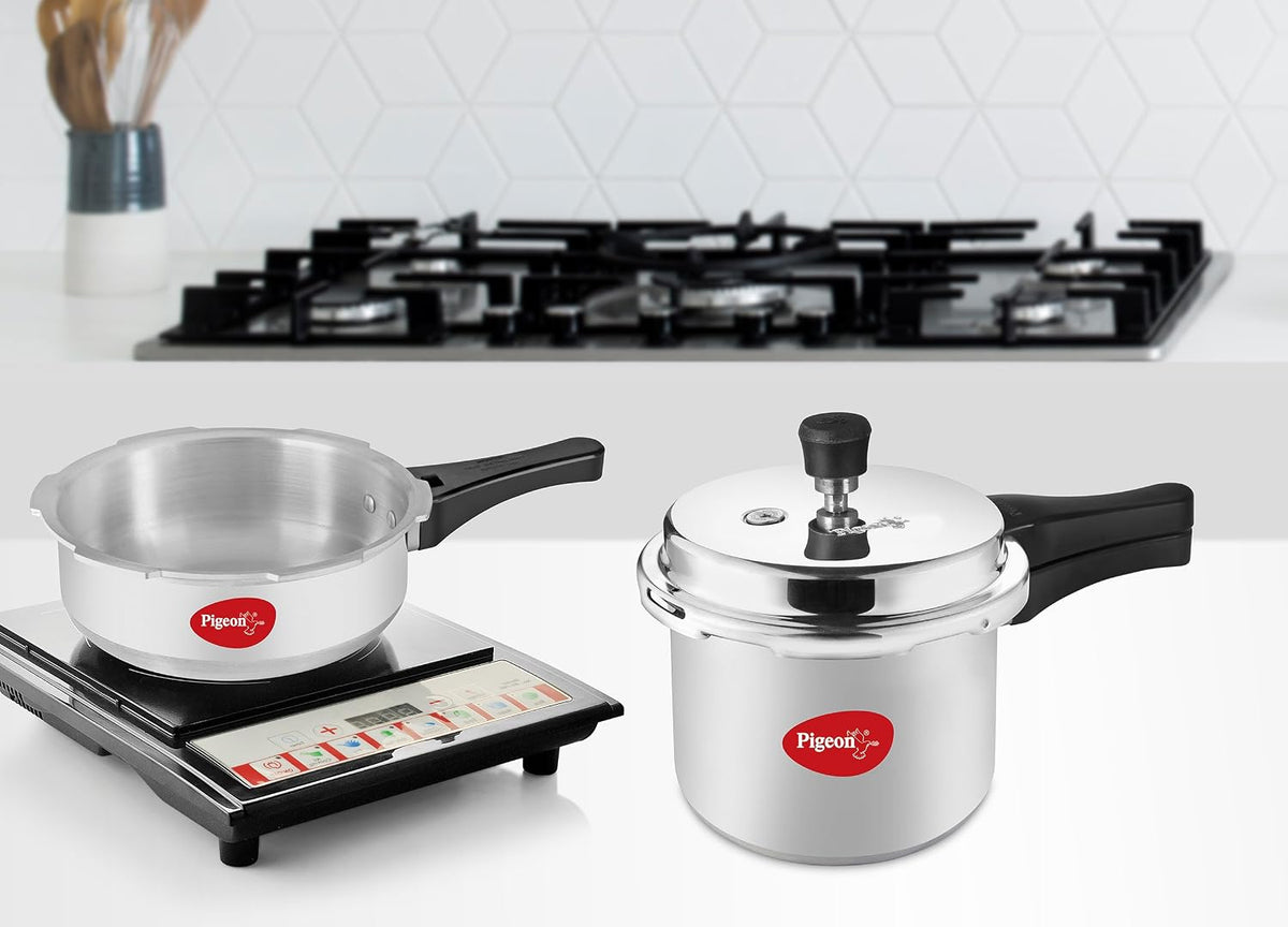 Pigeon by Stovekraft Mini Combi Aluminium Pressure Outer Lid Cooker Set, 2 and 3 Litres with Common Lid (12610) - Silver