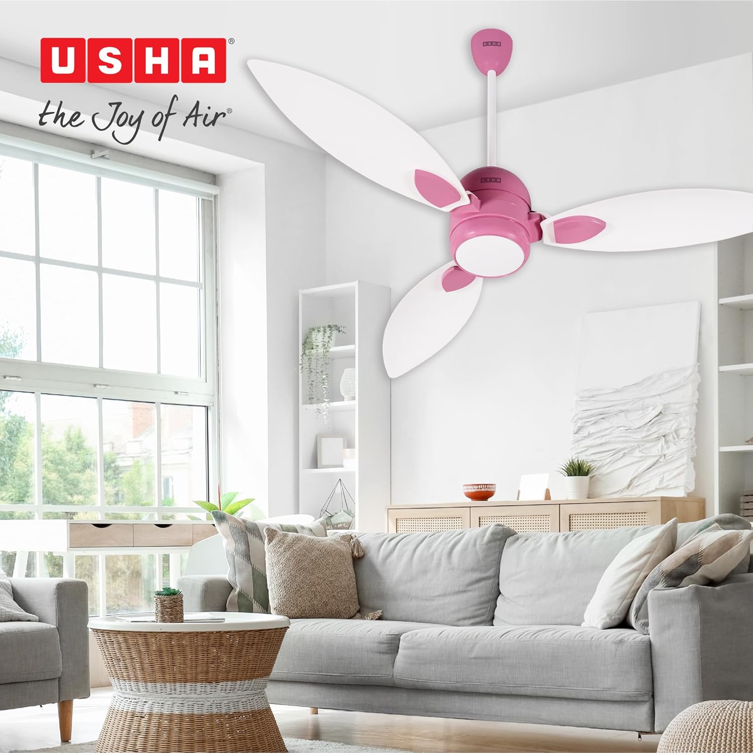 USHA New Bloom Series Sunspire Glow (Inspired by Sunflower) BLDC Ceiling Fan with Underlight with 3 Modes | RF Remote | Whisper-Quiet | Dust-Resistant (White & Light Pink)