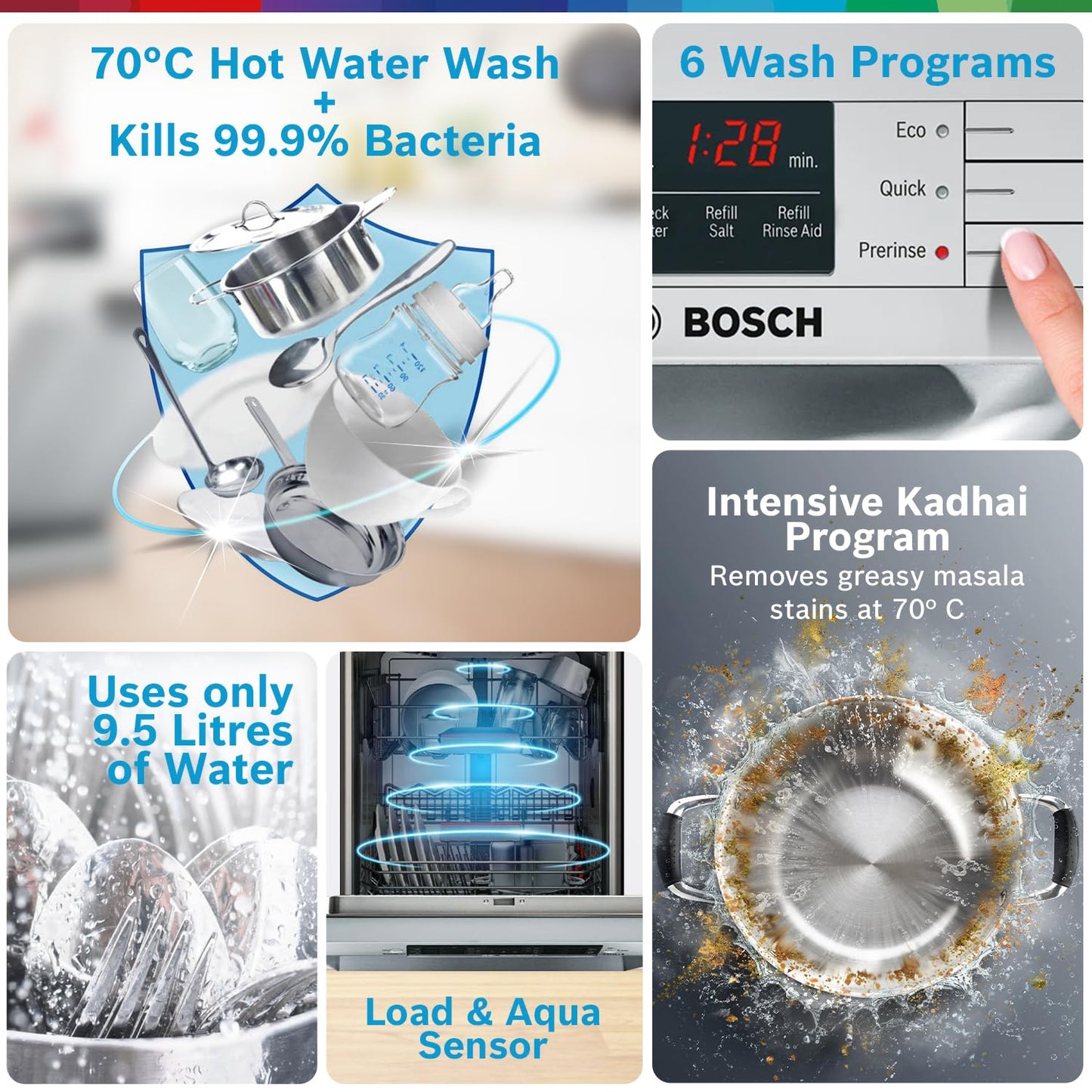 Bosch 13 Place Setting Dishwasher with Intensive Kadhai Program, No Pre-Rinse, 70⁰ Hot water wash, Half Load Option & Extra Cutlery Box - (SMS66GW01I, White, Glass Protection Technology)