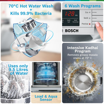Bosch 13 Place Setting Dishwasher with Intensive Kadhai Program, No Pre-Rinse, 70⁰ Hot water wash, Half Load Option & Extra Cutlery Box - (SMS66GW01I, White, Glass Protection Technology)