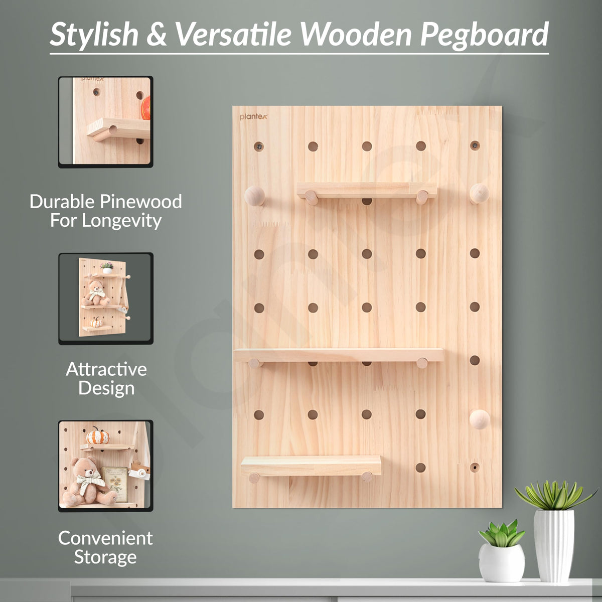 Plantex Multipurpose Pine Wood Pegboard for Home/Wood Display Shelf/Wall Organizer for Bedroom/Kitchen/Bathroom - (24x16 inches)-3