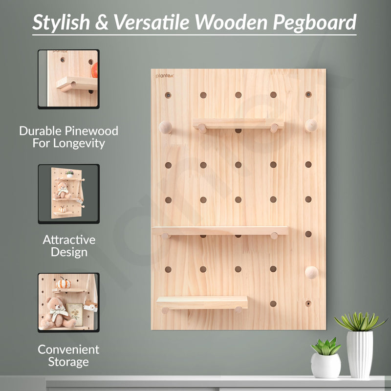 Plantex Multipurpose Pine Wood Pegboard for Home/Wood Display Shelf/Wall Organizer for Bedroom/Kitchen/Bathroom - (24x16 inches)-3