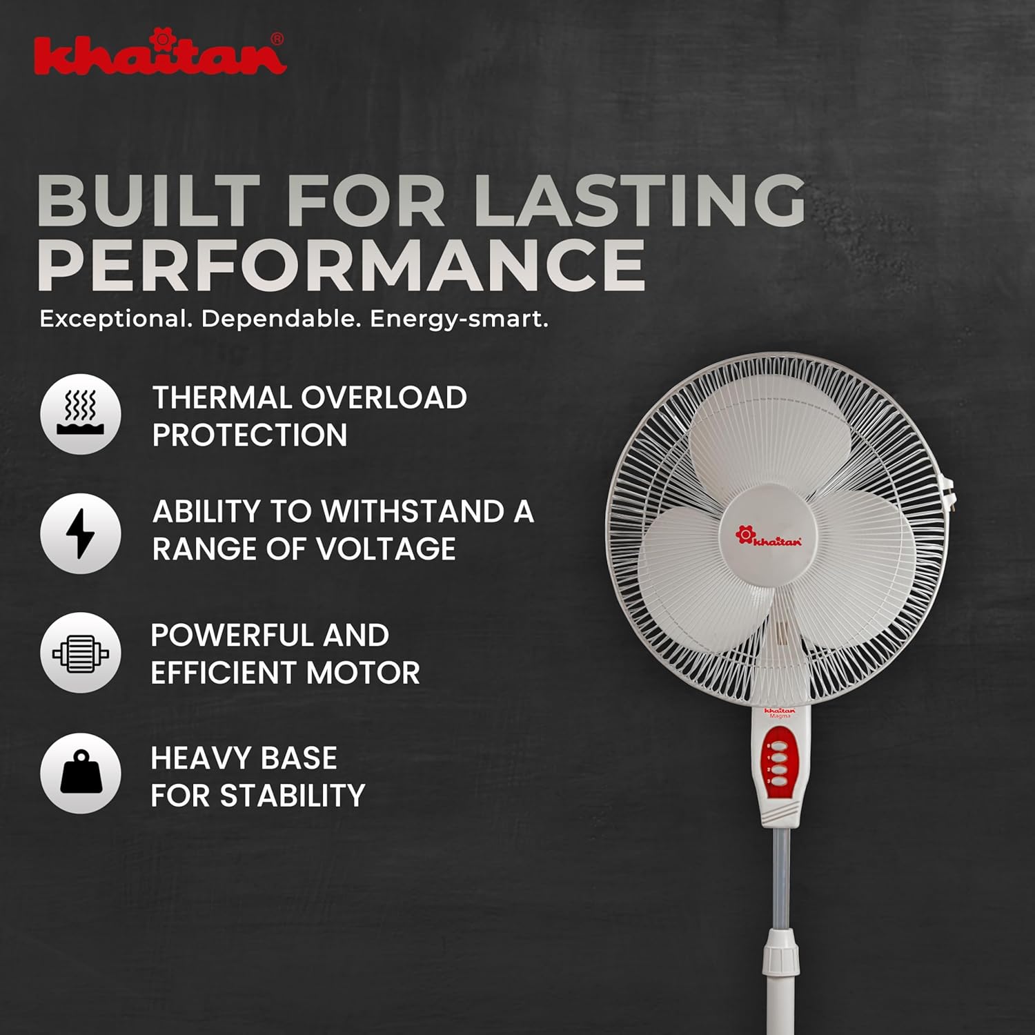 Khaitan Magma 400 MM 3-Blade Pedestal Fan | Adjustable Height | 3-Speed Control | Powder Coated Metal Grill | Telescopic Arrangement | 2-Yr Warranty | White