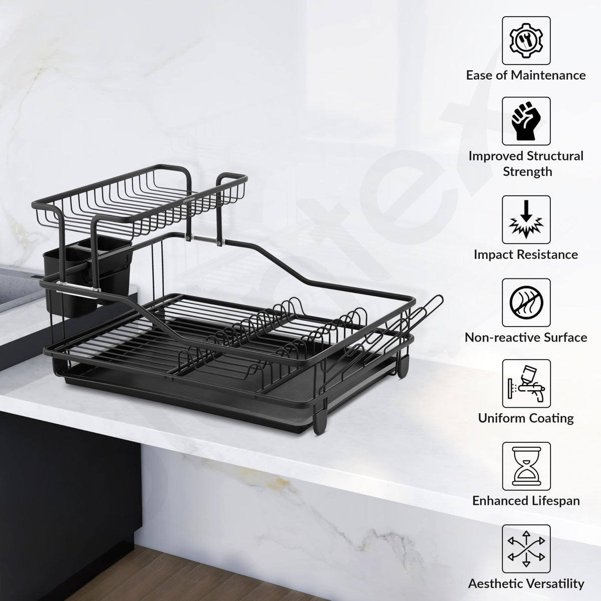 Plantex Utensils Drying Rack/2-Tier Dish Drainer with Tray/Vessel Drainer Basket for Kitchen/Dish Drying Rack/Bartan Basket (Black, 27 X 46 X 35 cm)