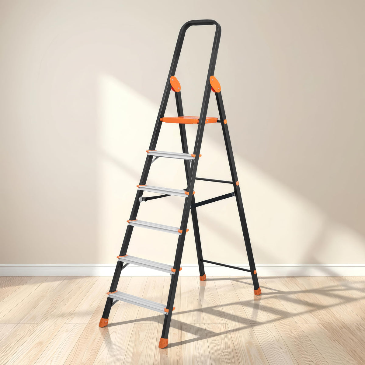 Plantex Allsafe Aluminium Step Ladder for Home/6 Step Anti Skid Ladder/Wide Step Ladder (Black & Orange)