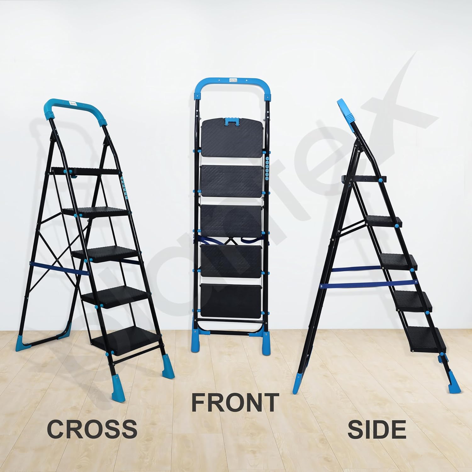 Plantex Stylo Heavy-Duty Mild-Steel Folding 5 Step Ladder for Home with Advanced Locking System/Wide Anti-Skid Step Ladder (Black & Blue)