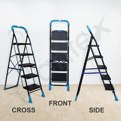 Plantex Stylo Heavy-Duty Mild-Steel Folding 5 Step Ladder for Home with Advanced Locking System/Wide Anti-Skid Step Ladder (Black & Blue)