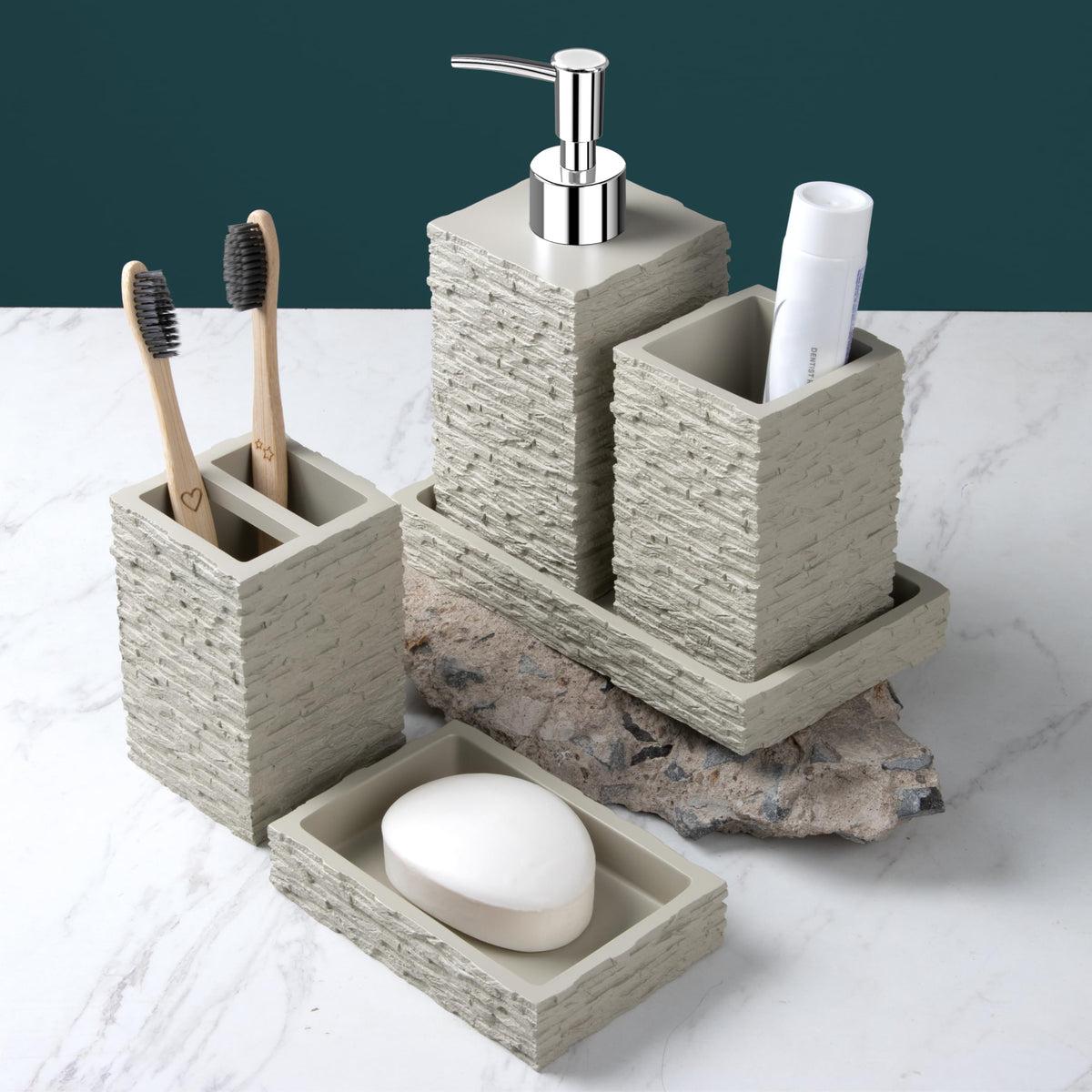 Plantex Polyresin Bathroom Accessories Set Soap Dispenser/Toothbrush Holder/Bathroom Tray/Tumbler Holder/Soap Dish - 5 Piece(923)