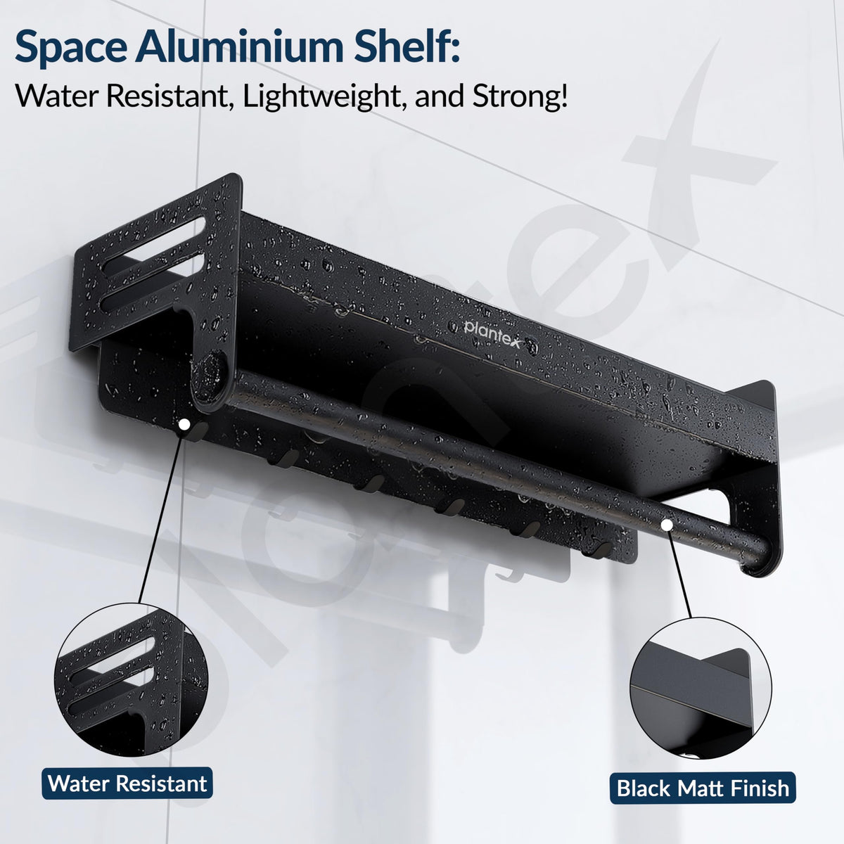 Plantex Aluminium Self Adhesive Bathroom Shelf with Towel Rod and Movable Hooks/Rack Shelf for Bathroom/Kitchen Shelf Organizer (Black)-2