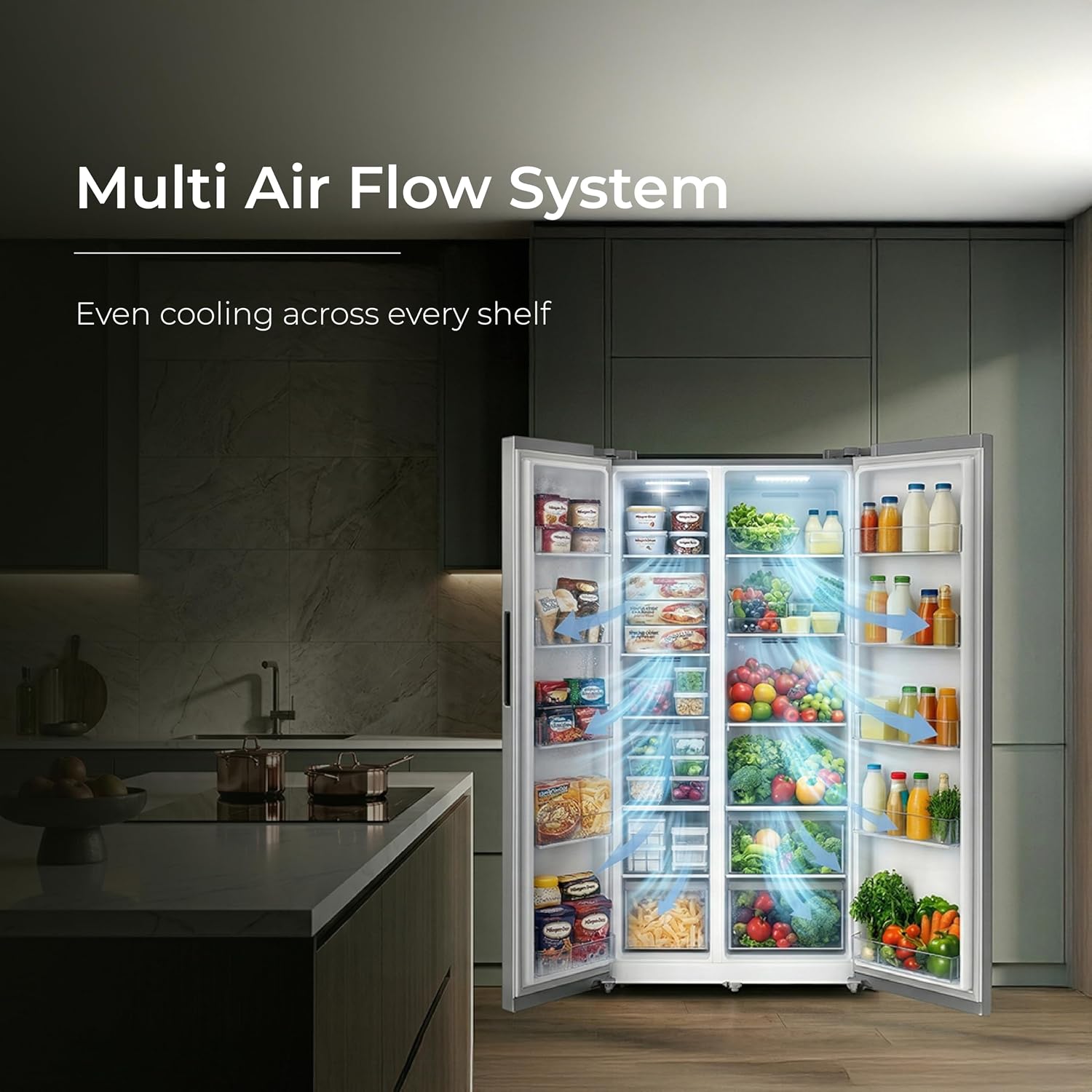 Midea 560 L Side by Side Refrigerator, Inverter Compressor, Multi Air Flow Cooling, Water Dispenser (MDRS704FGF46 Frost Free, Energy Efficient, Large Capacity, Bru-Steel Finish)