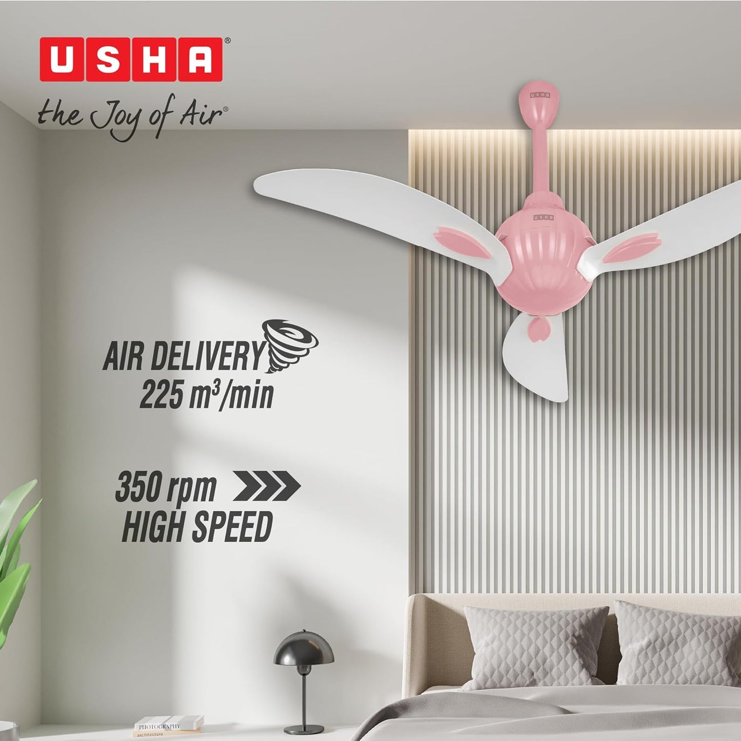 USHA New Bloom Series Helenium (Inspired by Helenium) BLDC Ceiling Fan with Bi-Directional Feature | Sleep/Boost/Timer Modes | RF Remote | Whisper-Quiet | Dust-Resistant (White & Light Pink)