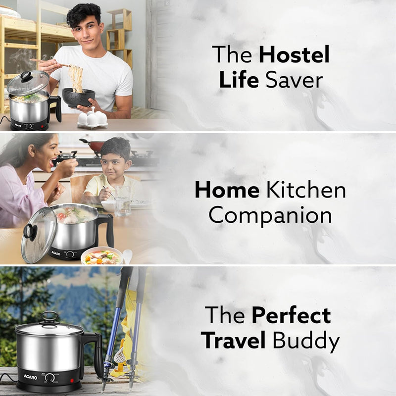 AGARO Esteem Electric Multi Kettle 1.2L, 600W, with Stainless Steel Body, Egg Rack, Grill Rack, 3 Heating Modes & Rapid Boil Technology, Boiling Water, Tea, Coffee, Oats, Noodle, Soup
